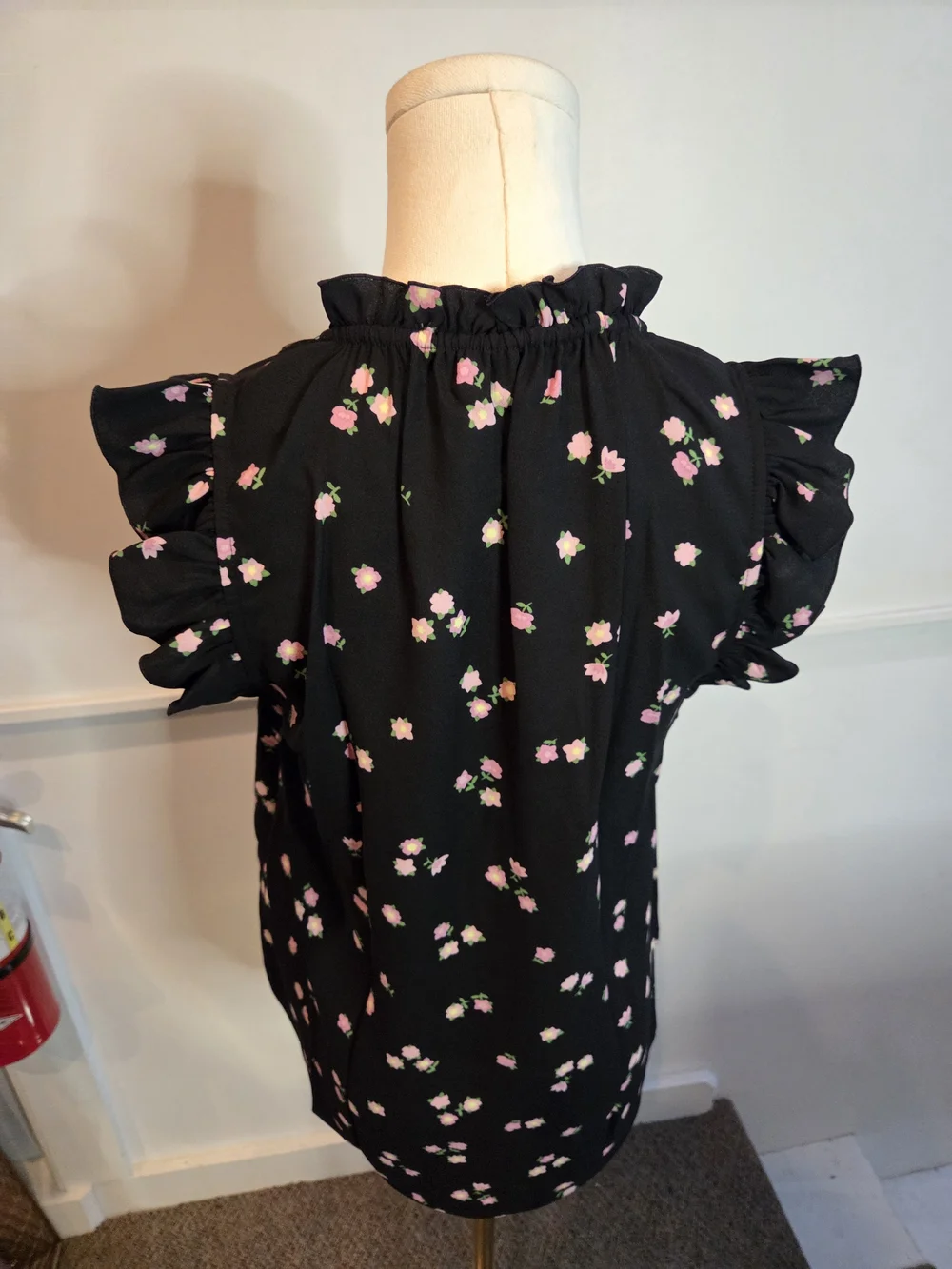 Kate Spade New York Black Floral Ruffle Sleeve Tie Neck Blouse XS
